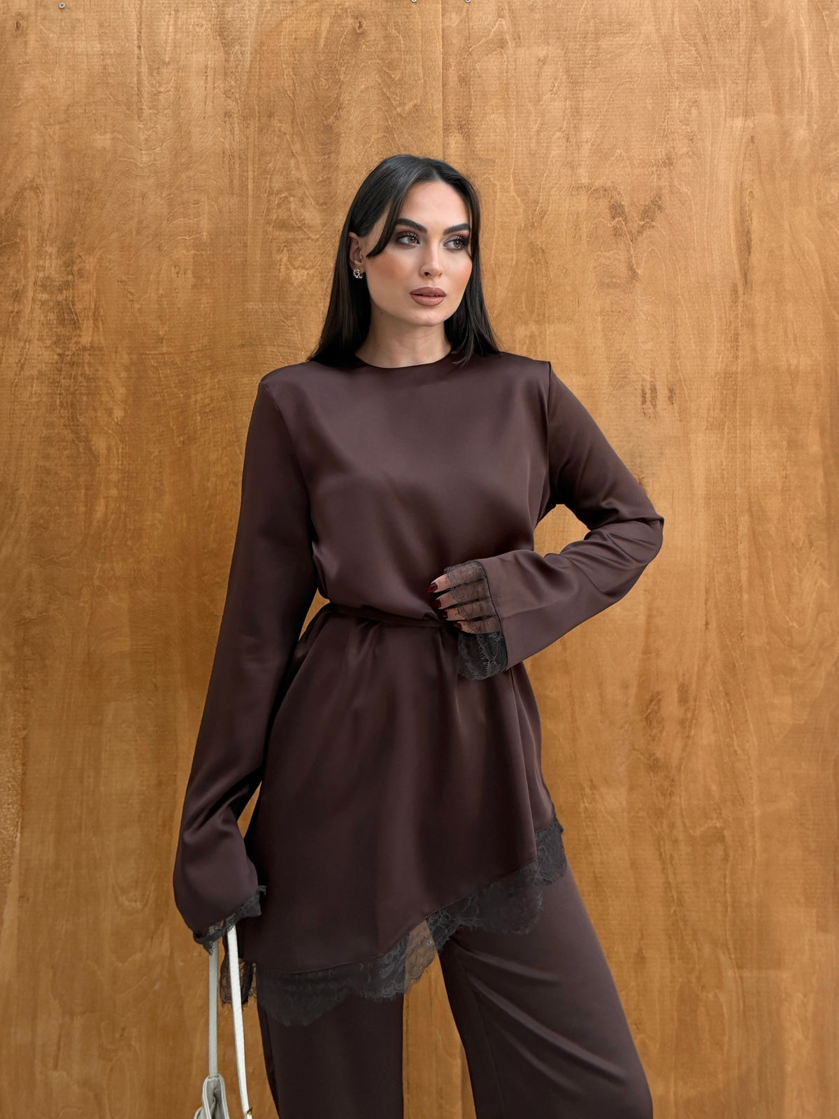 Dantells Kahverengi Dantel Detaylı İkili Takım