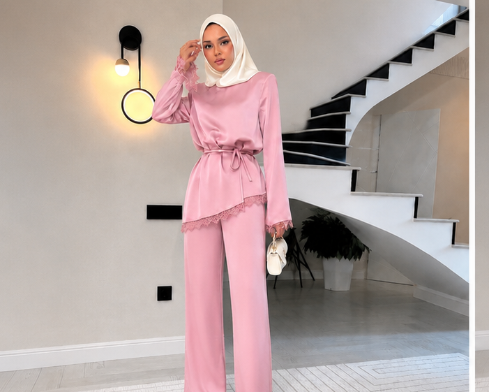 Pembe Dantel Detaylı İkili Takım