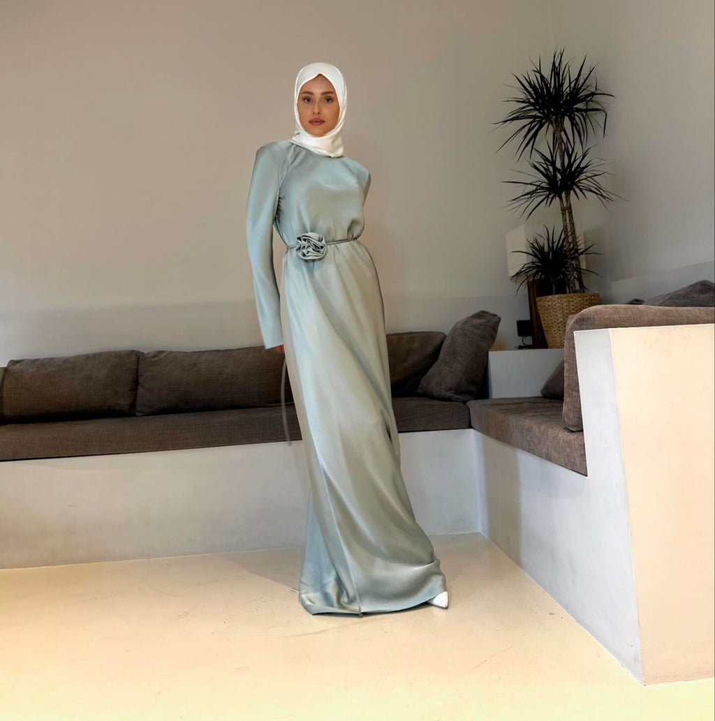 Kadın Tesettür Yeşil Rose Uzun Elbise – Abiye, Saten, Zarif