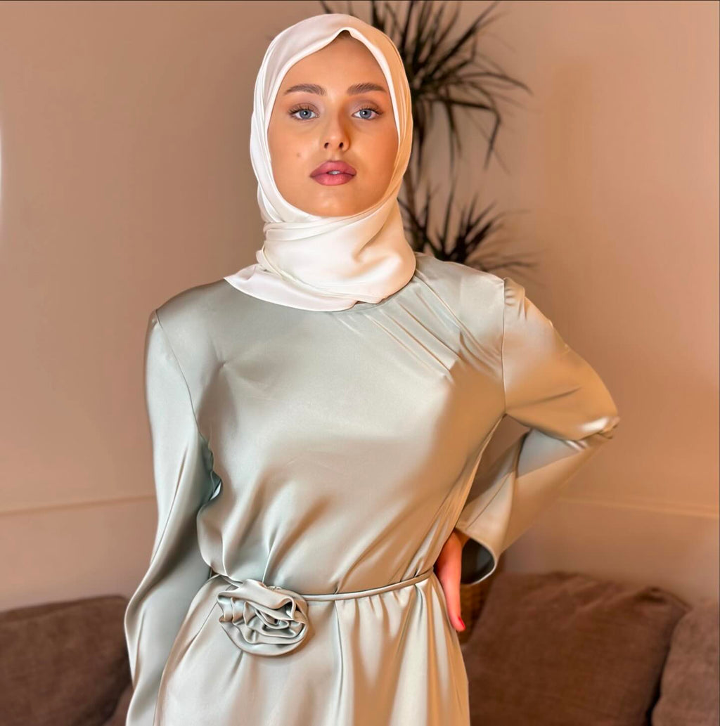 Kadın Tesettür Yeşil Rose Uzun Elbise – Abiye, Saten, Zarif