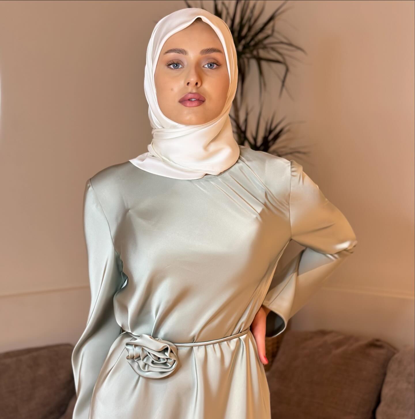 Kadın Tesettür Yeşil Rose Uzun Elbise – Abiye, Saten, Zarif