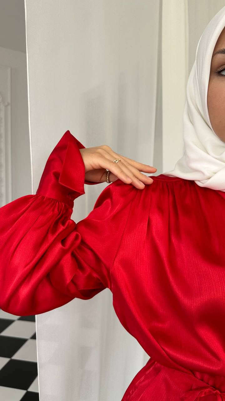 Kuşaklı Saten Gömlek – Kırmızı